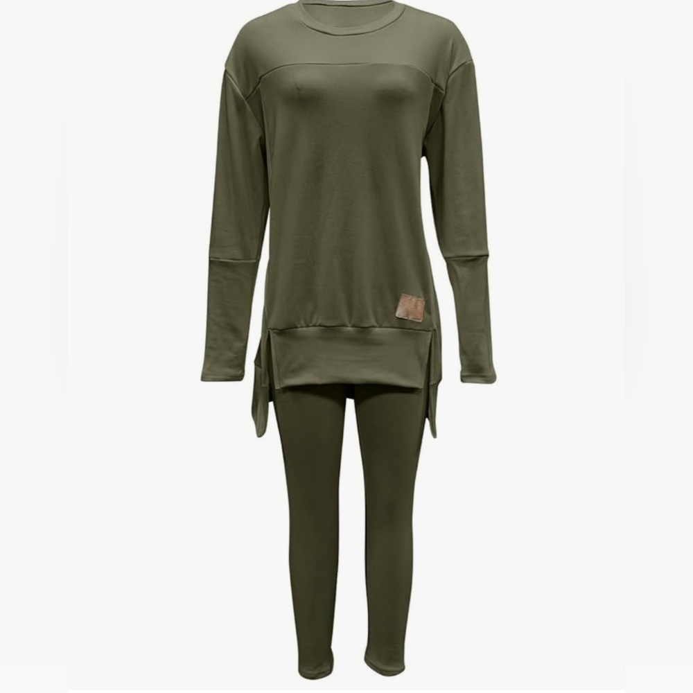 Women Casual Set Oversized Crew Neck Side Slit Long Sleeve Sweatshirt & Pant.
